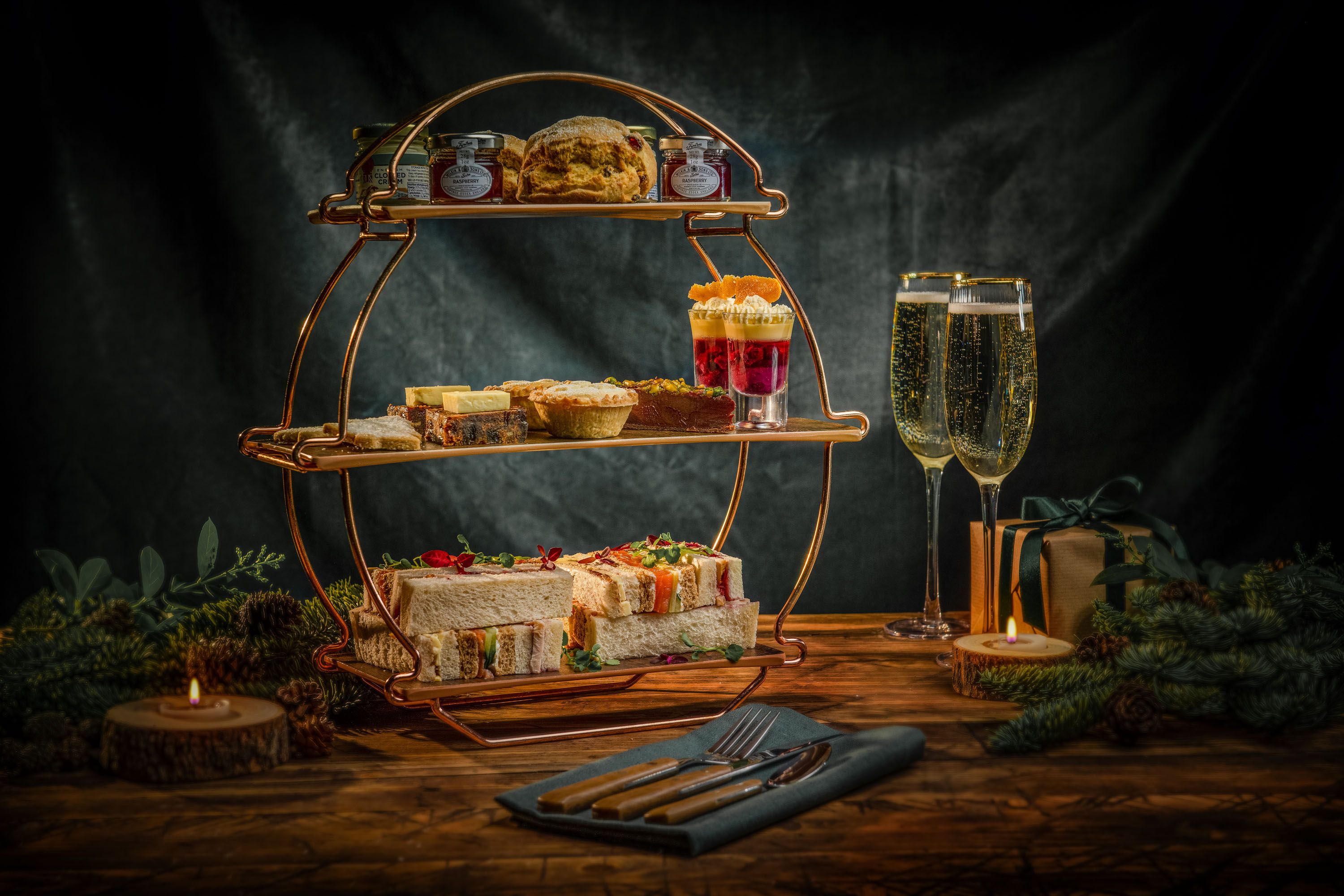 festive afternoon tea with champagne